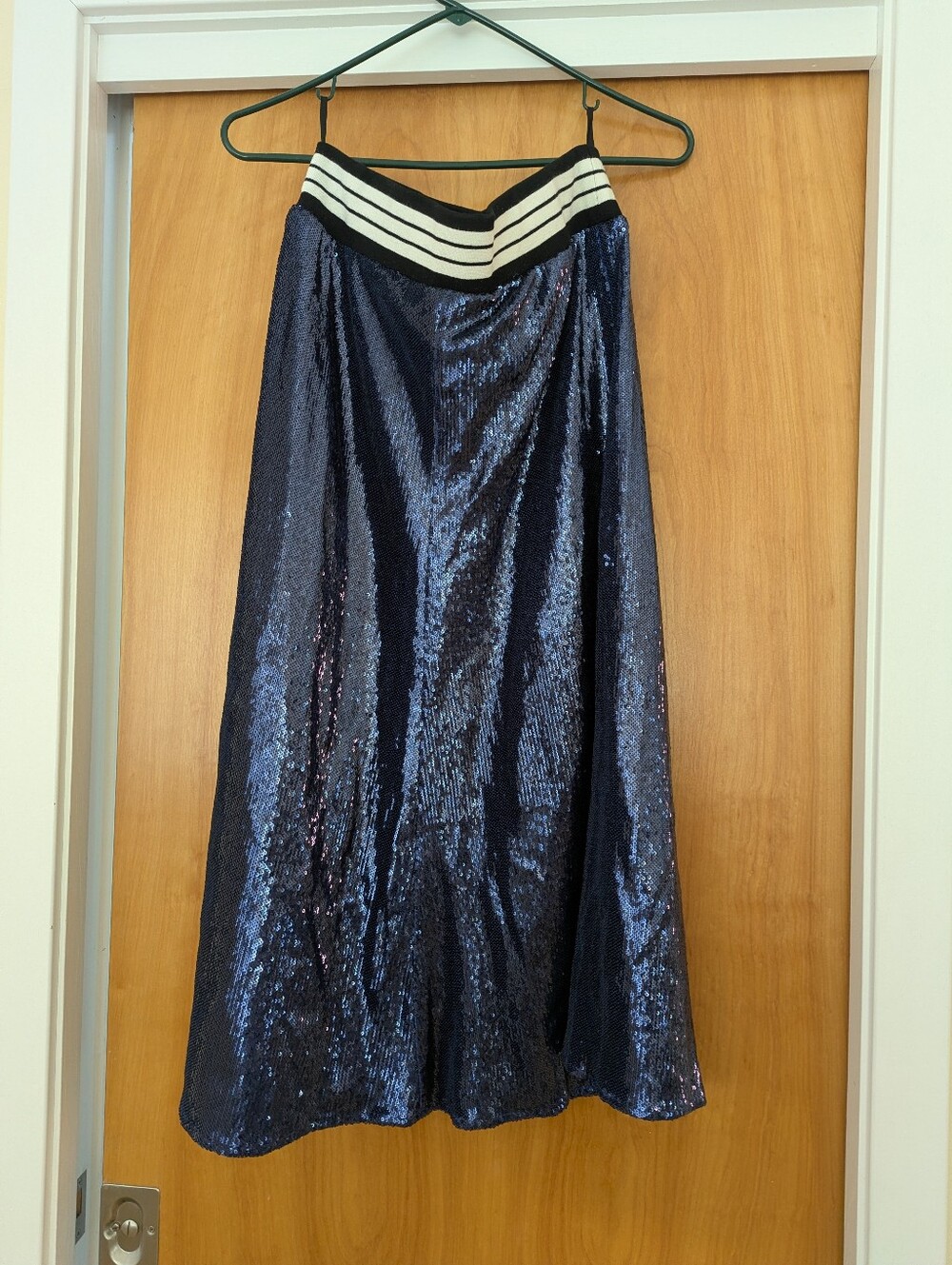 Robert Rodriguez Navy Sequin Maxi Skirt with Striped Waistband
